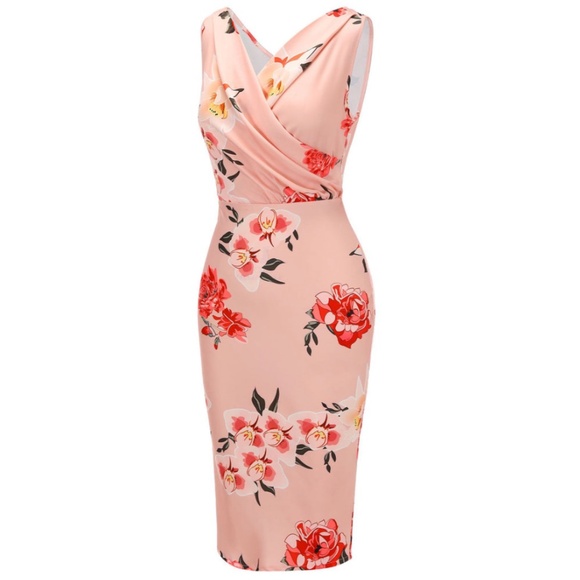 Peach Floral Wiggle Dress - Picture 2 of 7